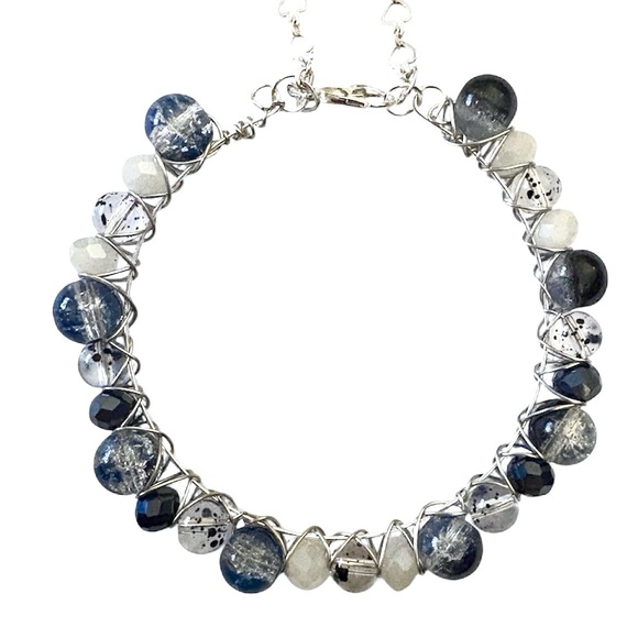 Hand Wired Bracelet with Stained Glass, Crystals and Painted Glass on Bangle - Picture 1 of 4